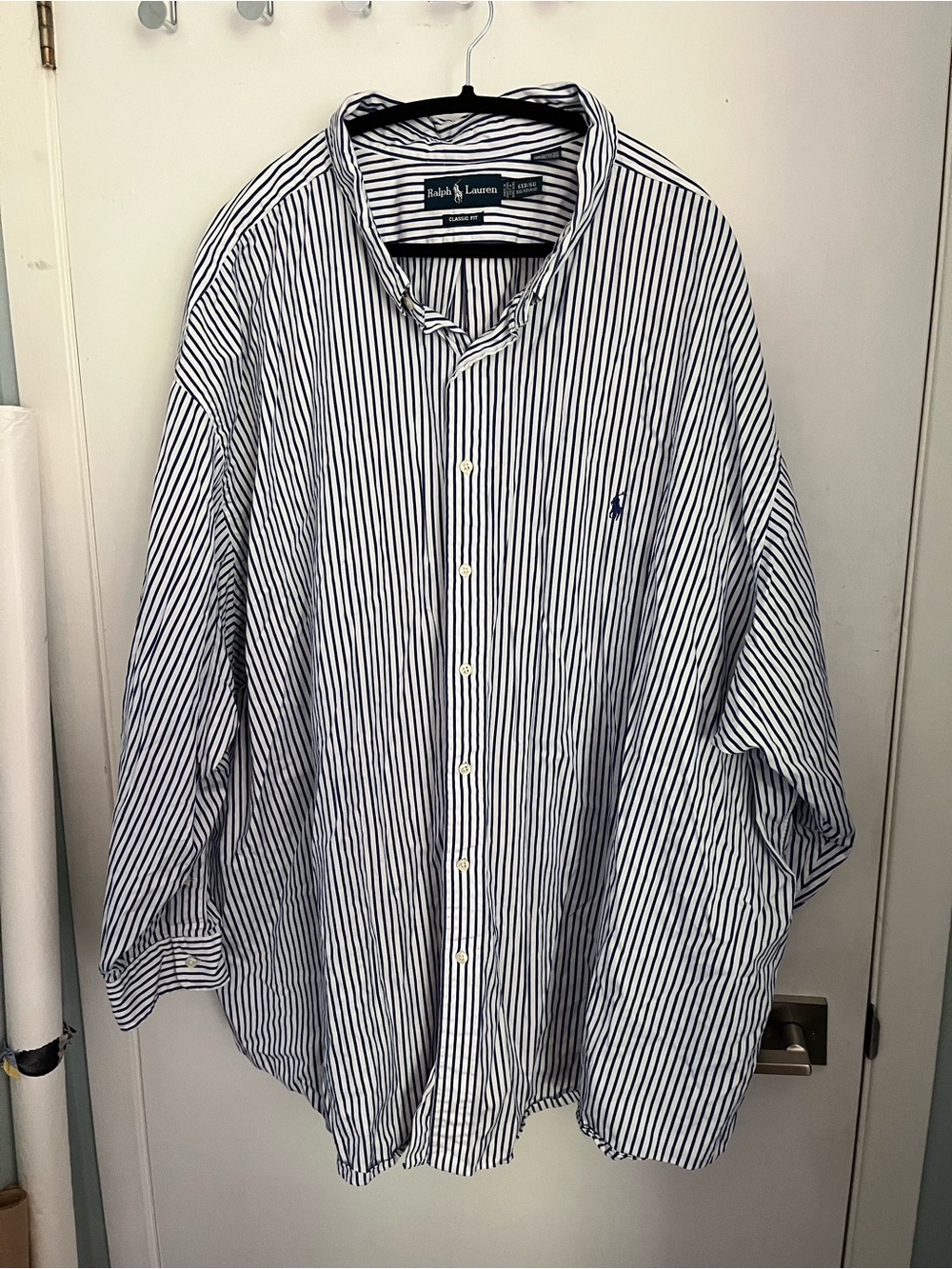Ralph Lauren Men's Navy and White Striped Button-Up Shirt 6XB